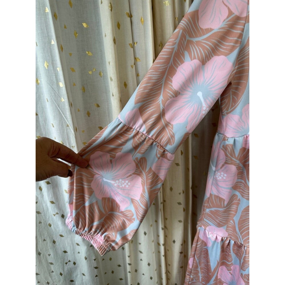 Ola Hou designs Hawaiian Hibiscus Bubble Sleeves Baby Doll Tiered Dress S - Picture 4 of 6